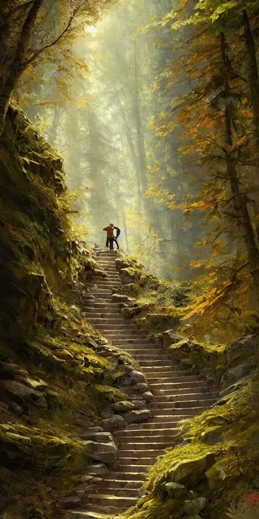 Image similar to a man walking up a steep and impossible staircase, in beautiful woods, intricate, elegant, highly detailed, oil painting, artstation, concept art, sharp focus, beautiful illustration, cgsociety, by justin gerard and artgerm, 4 k