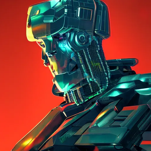 Image similar to Caravaggio designed cyberpunk aesthetic TOOL album holographic cover art of a giant mech warrior. 3D octane, trending on artstation.