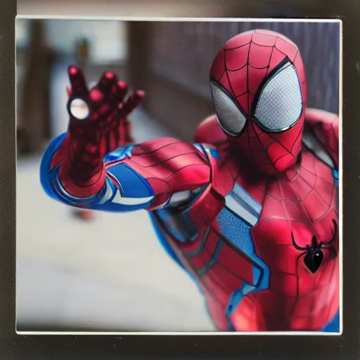 Image similar to a single iron man and spider - man hybrid, dslr, polaroid