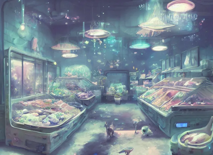 Image similar to placid pastel morning cozy moody cluttered painterly fluffy tiny cramped pet store, lots of aquariums, slanted ceiling, tiny space, particulate, trending on pixiv