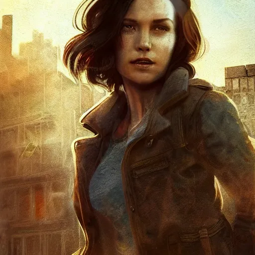 Image similar to fallout 5, charismatic beautiful rugged brunette female protagonist, portrait, outdoors ruined cityscape, atmospheric lighting, painted, intricate, volumetric lighting, beautiful, daytime, sunny weather, slight overcast, sharp focus, deep colours, ultra detailed, by leesha hannigan, ross tran, thierry doizon, kai carpenter, ignacio fernandez rios