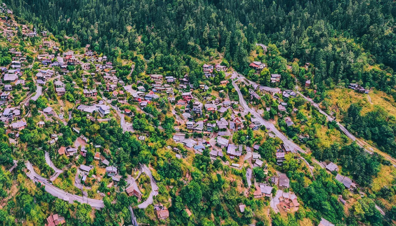 Prompt: hidden village in the mountains, drone shot, highly detailed, beautiful scenery