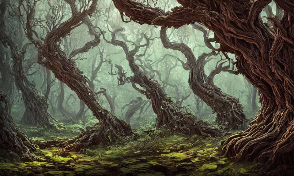 Prompt: gnarled trees with twisted roots and bioluminescent mushrooms in a forest at night, highly detailed, magic fantasy, digital art, vibrant colors, keyframe illustration, trending on artstation, andreas rocha, sylvain sarrailh, darek zabrocki, finnian macmanus, dylan cole, liang mark, albert bierstadt, sung choi, peter mohrbacher, greg rutkowski