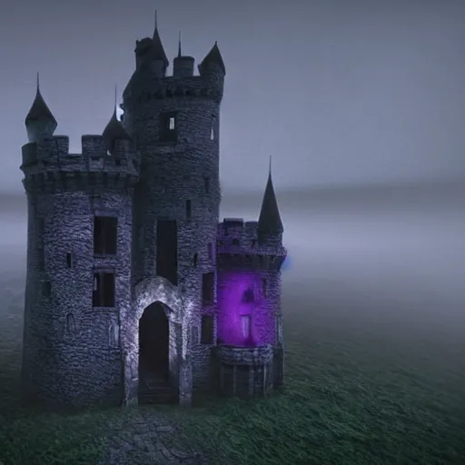 Image similar to abandoned castle, ultra realistic, 8 k, purple fog, dark, ultra detailed, highly detailed, fantastically detailed, illustration, night time, cinematic