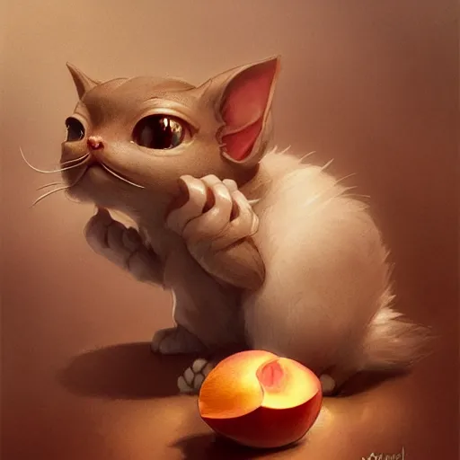 Prompt: An adorable gremlin cat stealing a peach, by Stanley Artgerm Lau, WLOP, Rossdraws, James Jean, Andrei Riabovitchev, Marc Simonetti, and Greg Rutkowski, trending on artstation