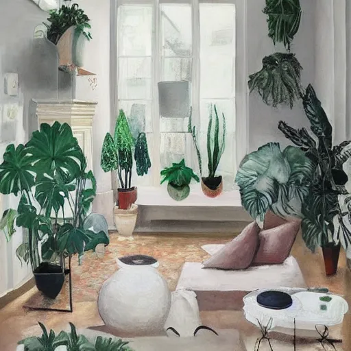 Prompt: ! dream a living room with plants and speakers and a painting on the wall, a photorealistic painting by mollie forestier - walker, featured on tumblr, light and space, sanctuary, soft light, aesthetic