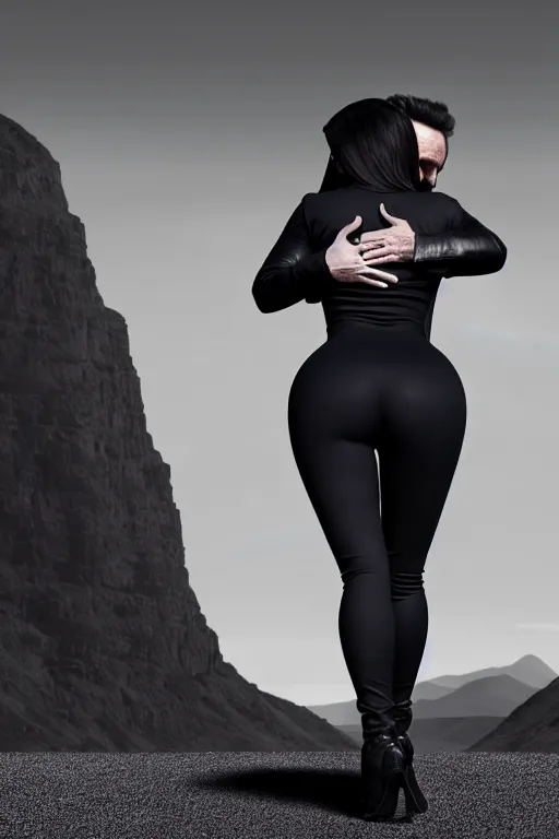 Image similar to johnny cash hugging kim kardashian, centered full body rear-shot, pov from rear, kim wearing skintight grey sportswear, real photo, photoshooting, studio light, Irish mountains background, intricate, epic lighting, cinematic composition, hyper realistic, 8k resolution, unreal engine 5