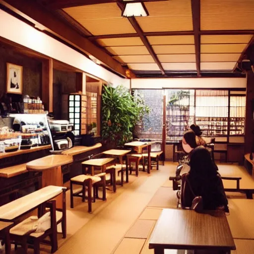 Image similar to a warmly lit photograph of the interior of a japanese style coffee shop named'arizona ', realistic