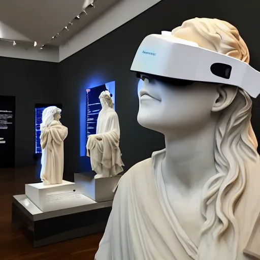 Image similar to a greek white marble statue wearing a vr headset displayed in a museum