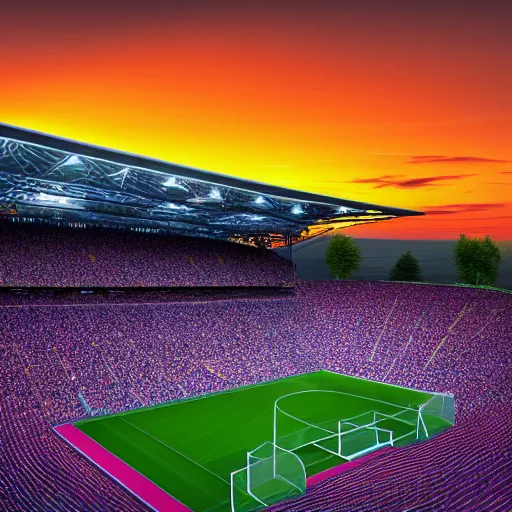 Image similar to soccer stadium, full crowd, detailed soccer field, high def, modern looking stadium, 8 k, hd, colourful sunset sky,