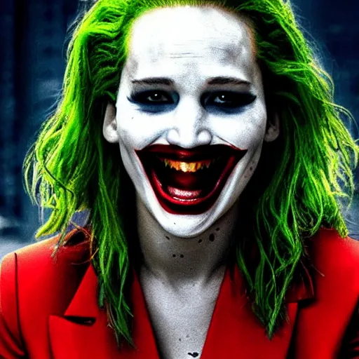 Prompt: Promo picture of Jennifer Lawrence as Joker in Dark Knight remake (2029)