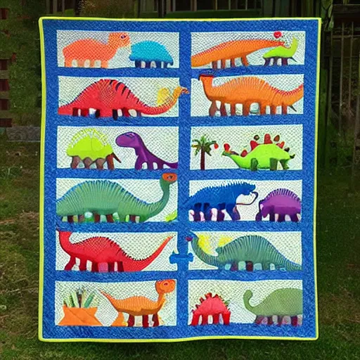 Prompt: dinosaurs on a quilt