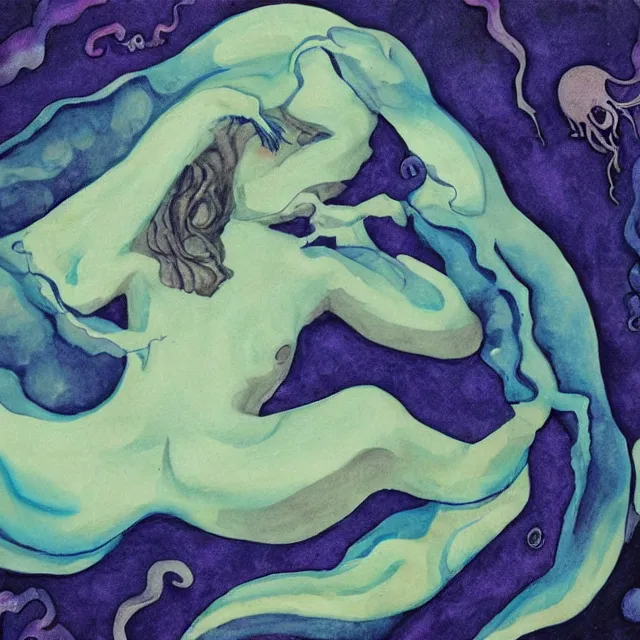 Image similar to a female art student falling asleep, iceberg, dark, sensual, dreamy, waves, swirls, violet drips, fish, blueberries, octopus, neo - impressionist, surrealism