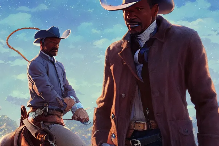 Image similar to old jamie foxx as a cowboy, single subject, scenic full shot, ambient lighting, detailed face, by makoto shinkai, stanley artgerm lau, wlop, rossdraws