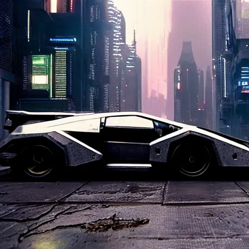 Image similar to cyberpunk car lamborgini counatch, in cyberpunk city, by blade runner, visual by operator roger deakins, by neill blomkamp, elysium, eztreamly detailed