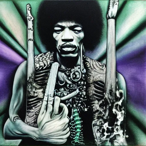 Prompt: jimi hendrix by giger and franz marc, psychadelic