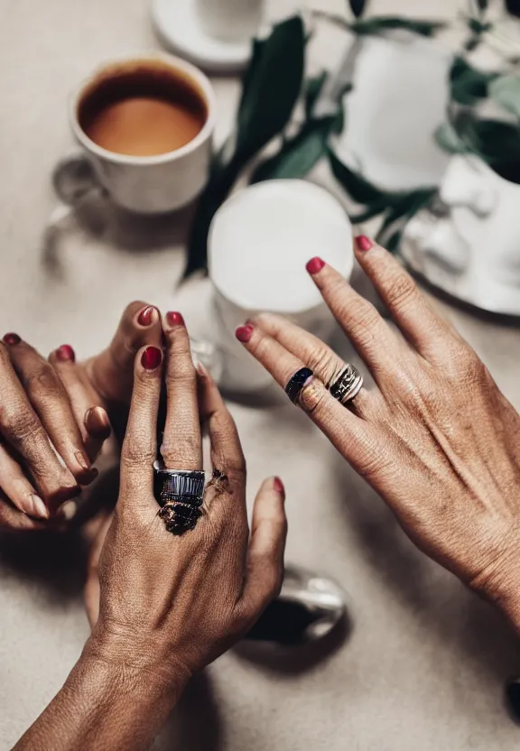 Image similar to a photo of one ultra detailed photorealistic woman's hand with cupped palm up, back of hand on the table, palm pattern visible, instagram photo, studio photo, 9 0 mm, f / 1. 4