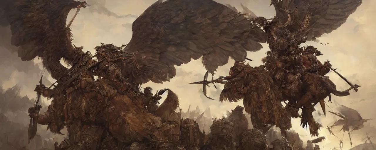 Prompt: The large birds of war, barbarian muscular men with powerful arms riding saddled to the back of the large griffin bird, swords held high, medieval war rages below, highly detailed, digital painting, artstation, concept art, smooth, sharp focus, illustration, art by artgerm and greg rutkowski and alphonse mucha