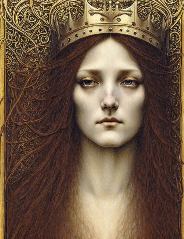 Image similar to detailed realistic beautiful young medieval queen face portrait by jean delville, gustave dore and marco mazzoni, art nouveau, symbolist, visionary, gothic, pre - raphaelite. horizontal symmetry