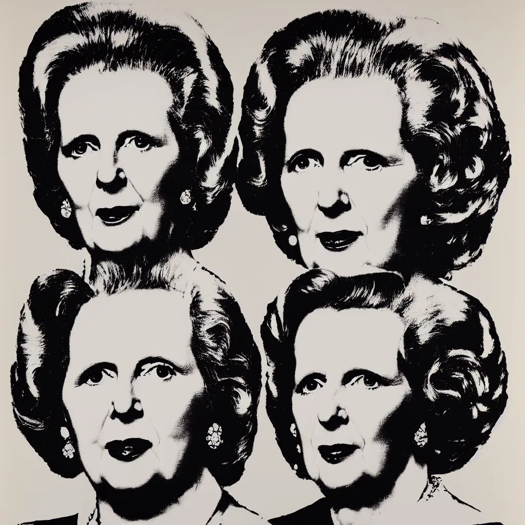 Prompt: individual silk screen portrait of margaret thatcher by andy warhol