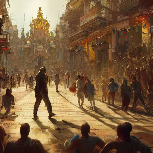 Image similar to carnaval de barranquilla, comprehensive art, thorough details, intricate, artstation, atmosphere, highly detailed, symmetrical, craig mullins, cinematic, digital painting, deviantart, cinematic lighting, 4 k