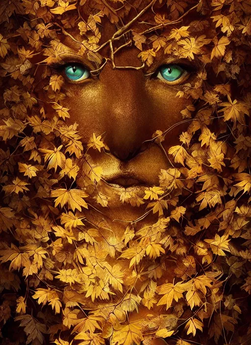 Image similar to golden leaves at frame border, creative!!! composition for a book cover, absurdly beautiful, ultrafine hyperrealistic detailed animal face by wlop and artgerm and greg rutkowski, intricate linework, sharp focus, smooth, octopath traveler, final fantasy, unreal engine, dramatic lighting, ethereal, 8 k