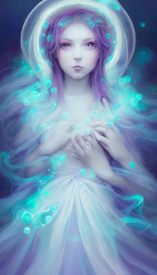 Image similar to portrait of magical ghost girl, ethereal , cloudy, transparaît, gradient white cyan, dreamy and ethereal, (colour) eyes, peaceful expression, ornate frilly dress, fantasy, intricate, elegant, rainbow bubbles, highly detailed, digital painting, artstation, concept art, smooth, sharp focus, illustration, art by artgerm and greg rutkowski and alphonse mucha