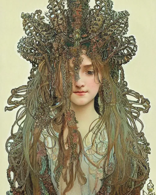 Prompt: portrait of a beatiful young goddess with intricate jellyfish headdress, dark background, intricate hyper detailed art by ernst haeckel and alphonse mucha,