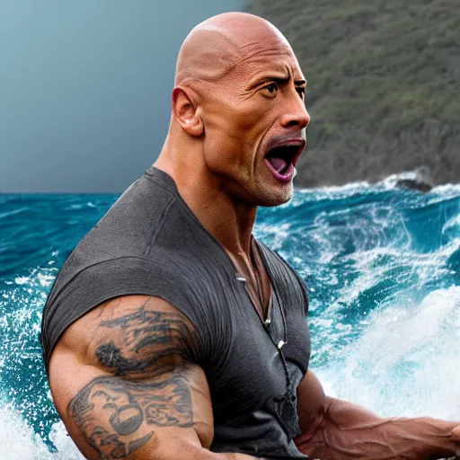 Image similar to photo of Dwayne Johnson yelling and riding a sark in the middle of the ocean, full shot, highly detailed face