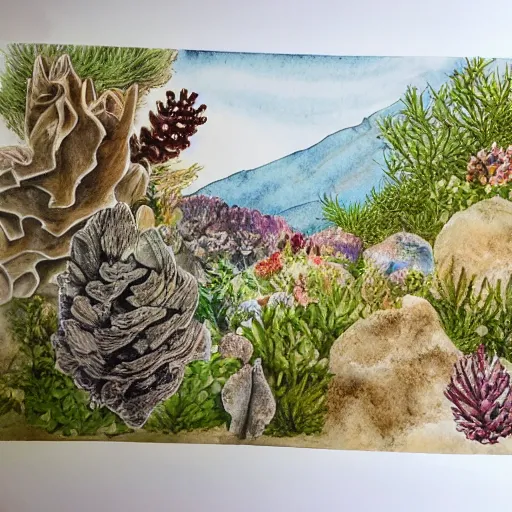 Prompt: delicate coastline mountain garden on paper, stony, puffy, botanical herbarium, botanic watercolors, iridescent, 8 k wide angle, realistic shaded, fine details, artstation, italian, rainbow, colonnade, oak, pinecone, pomegranade, vines, gardena architecture, pompeian, sicilian