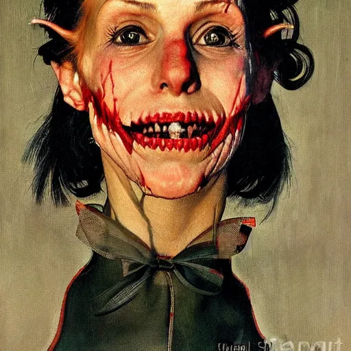 Prompt: Frontal portrait of a demon. Her skin is not quite fleshy, but bony. A painting by Norman Rockwell.