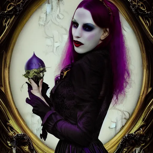 Image similar to vampiress in wonderland mcgee's alice lavender mysterious portrait sharp focus cinematic 8 k highly detailed realistic gothic