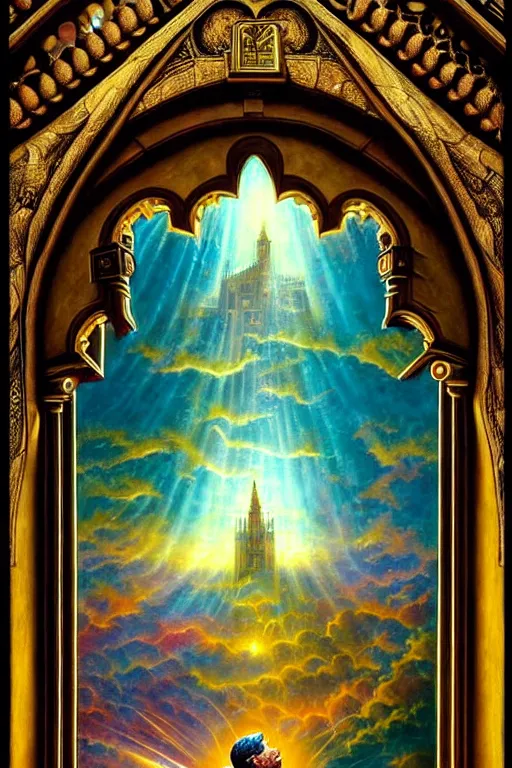Prompt: a photorealistic detailed cinematic image of a man on his deathbed, assisted to the afterlife. ornate window, kingdom, met by friends and family, overjoyed, emotional, compelling, by pinterest, david a. hardy, kinkade, lisa frank, wpa, public works mural, socialist