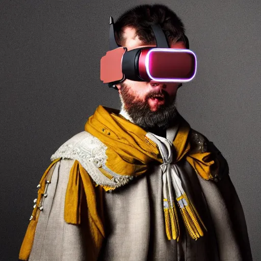 Image similar to Colour Caravaggio style full body portrait Photography of Highly detailed Man wearing Ukrainian folk costume designed by Taras Shevchenko with 1000 years perfect face wearing highly detailed retrofuturistic VR headset designed by Josan Gonzalez. Many details In style of Josan Gonzalez and Mike Winkelmann and andgreg rutkowski and alphonse muchaand and Caspar David Friedrich and Stephen Hickman and James Gurney and Hiromasa Ogura. Rendered in Blender and Octane Render volumetric natural light