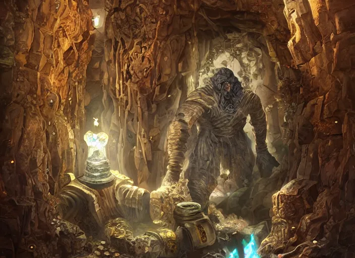 Prompt: a towering golem with a crystal head, in a stone pillared vault full of piles of gold coins, fantasy digital painting, stunning intricate details, torch lighting, artwork by ross tran, artgerm