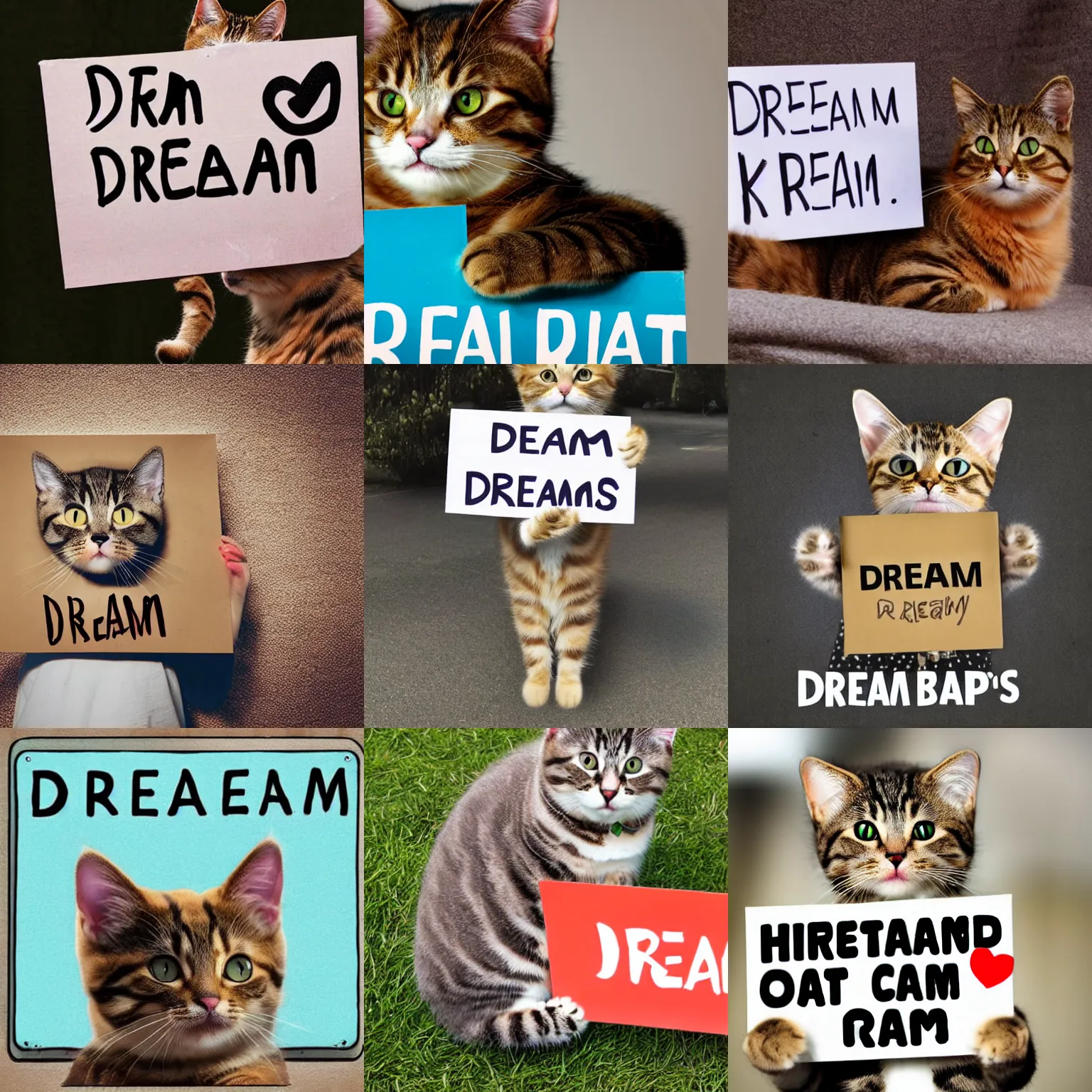 Image similar to realistic high quality photo of a cute cat holding a sign with text that reads : dream cats