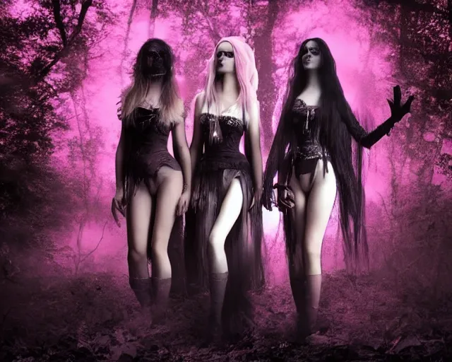 Prompt: three stunning otherworldly gothic goddesses of beauty wearing psychedelic wicca, full body, dark and mysterious, atmospheric, ominous, eerie, cinematic light, epic, 8 k, 4 k, ultra detail, ultra realistic, rendered by awesomeness