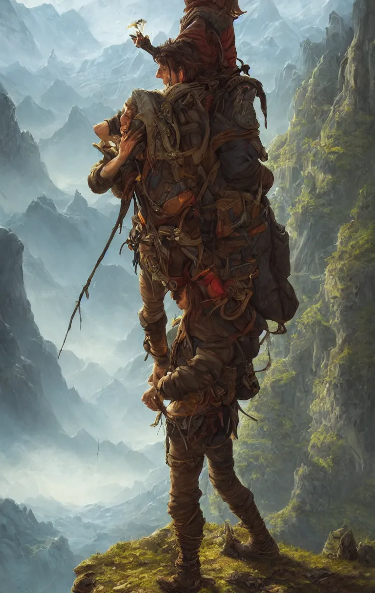 Image similar to an oil art close - up portrait painting of a single lone young handsome fool adventurer with adventurer hiking backpack, centered, grim gwent card, single lone gipsy mage adventurer character design from inquisition, on a cliff looking out to a fantasy mountain landscape, 4 k, ultra detail, volumetric lighting, unreal engine, octane render, tom bagshaw, andreas rocha