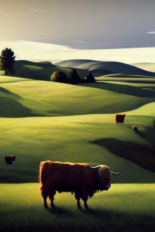 Image similar to peaceful farmland and highland cattle, in the style of edward hopper, solarpunk, atmospheric, clean, intricate and epic composition, gray by caravaggio, insanely quality, highly detailed, masterpiece, white light, artstation, 4 k