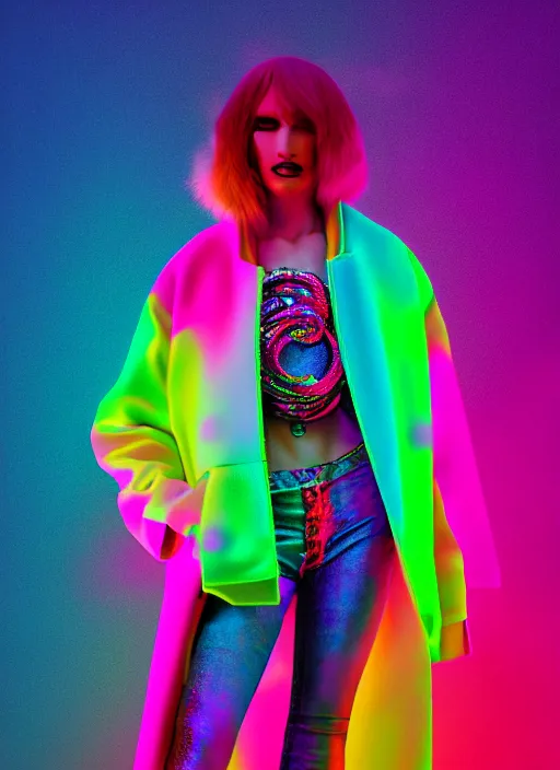 Image similar to coat for a rave, bright colors, many details, prints, photo for a magazine, photo for a store, fashion photography, Vogue, 135 mm, cinematic, hyper realism, high detail, octane render, 8k, chrome accents