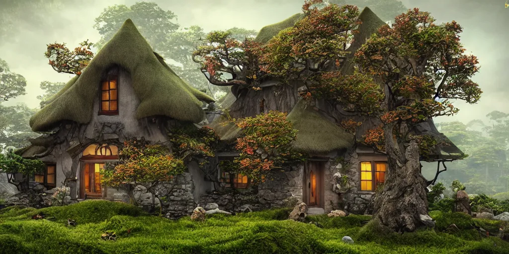 Image similar to Enchanted Irish cottage in a Bonsai garden, richly colored ominous fantasy by Tang Sin Yun, featured on artstation, 3D, digital art, insanely detailed, octane render, unreal engine