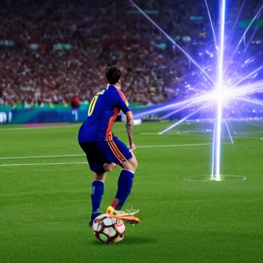 Prompt: a picture of messi in a soccer stadium, shooting a laser beam out of his hands