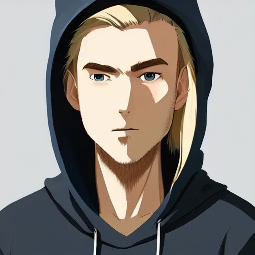 Prompt: Ultrawide Portrait of a Very handsome causation male with mid length blonde hair and blue eyes wearing a black hoodie and beanie , Studio ghibli concept art, trending on Artstation, photorealistic image, 8k