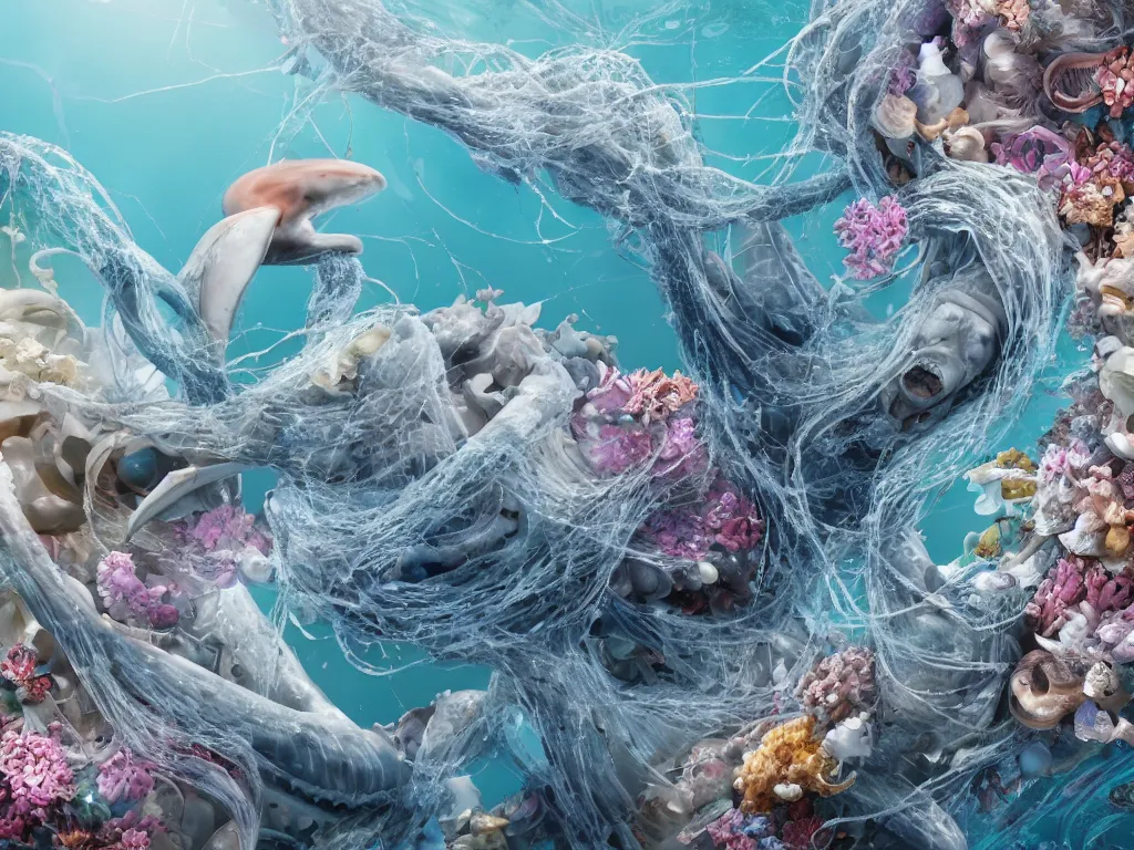 Prompt: a sculpture of ocean shark intertwined, a lovely cornucopia of flowers and human body parts, jellyfish, highly detailed, octane render, cinematic, shock, sharp focus, super resolution