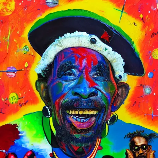 Image similar to a messy painting of Lee Scratch Perry in space. Trending on ArtStation