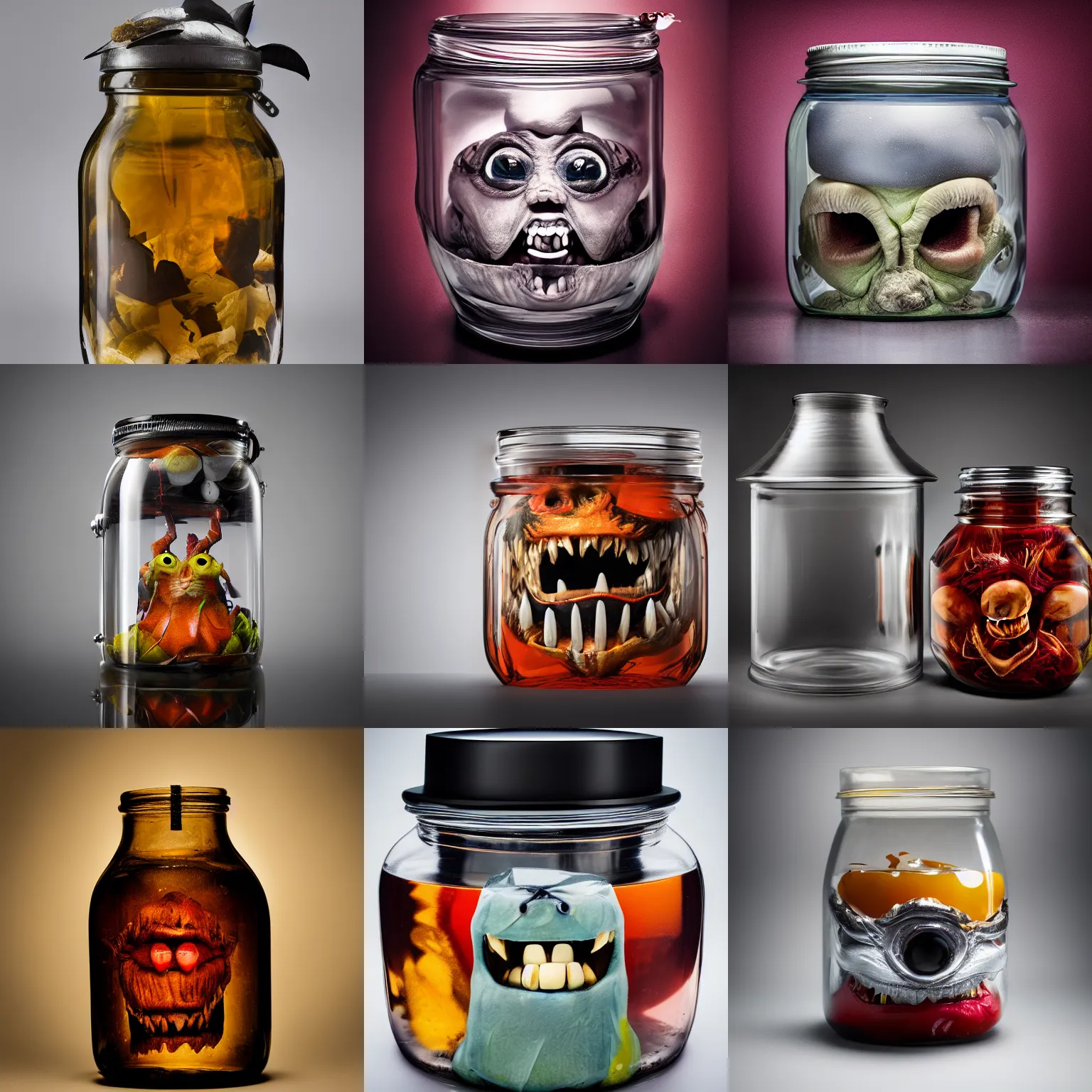 Prompt: An evil monster in a jar, by Mike Franchina, product photography, studio lightning