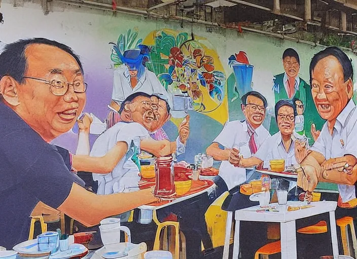 Prompt: Singapore prime ministers in a hawker centre, by Yip Yew Chong, street art