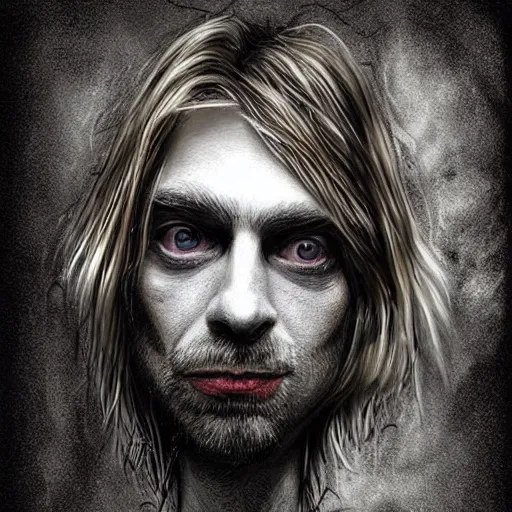 Prompt: surrealism grunge cartoon portrait sketch of Kurt Cobain, by michael karcz, loony toons style, freddy krueger style, horror theme, detailed, elegant, intricate