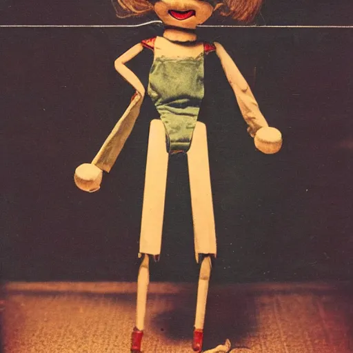 Image similar to 1 9 5 0 s children marionette toys comming to life, scary, fear, horror, thriller, cinematic still, jump scare, pov, wide shot, polaroid,