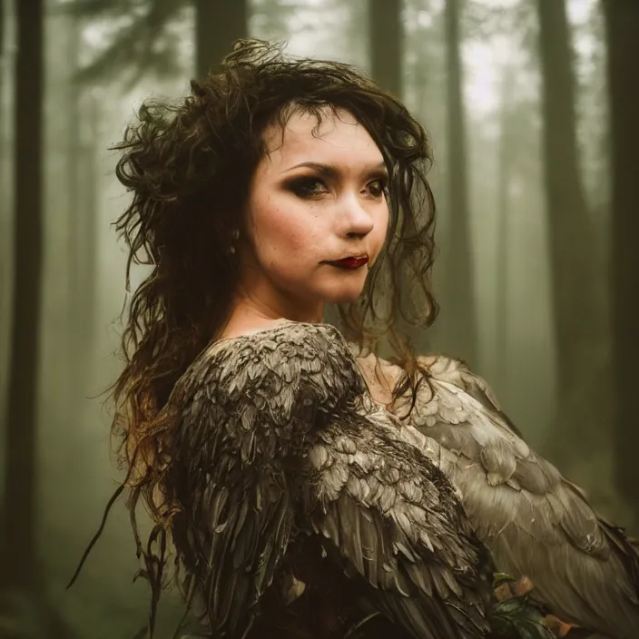 Image similar to a closeup Portrait of a harpy in a foggy forest, by Omar Z. Robles, CANON Eos C300, ƒ1.8, 35mm, 8K, medium-format print